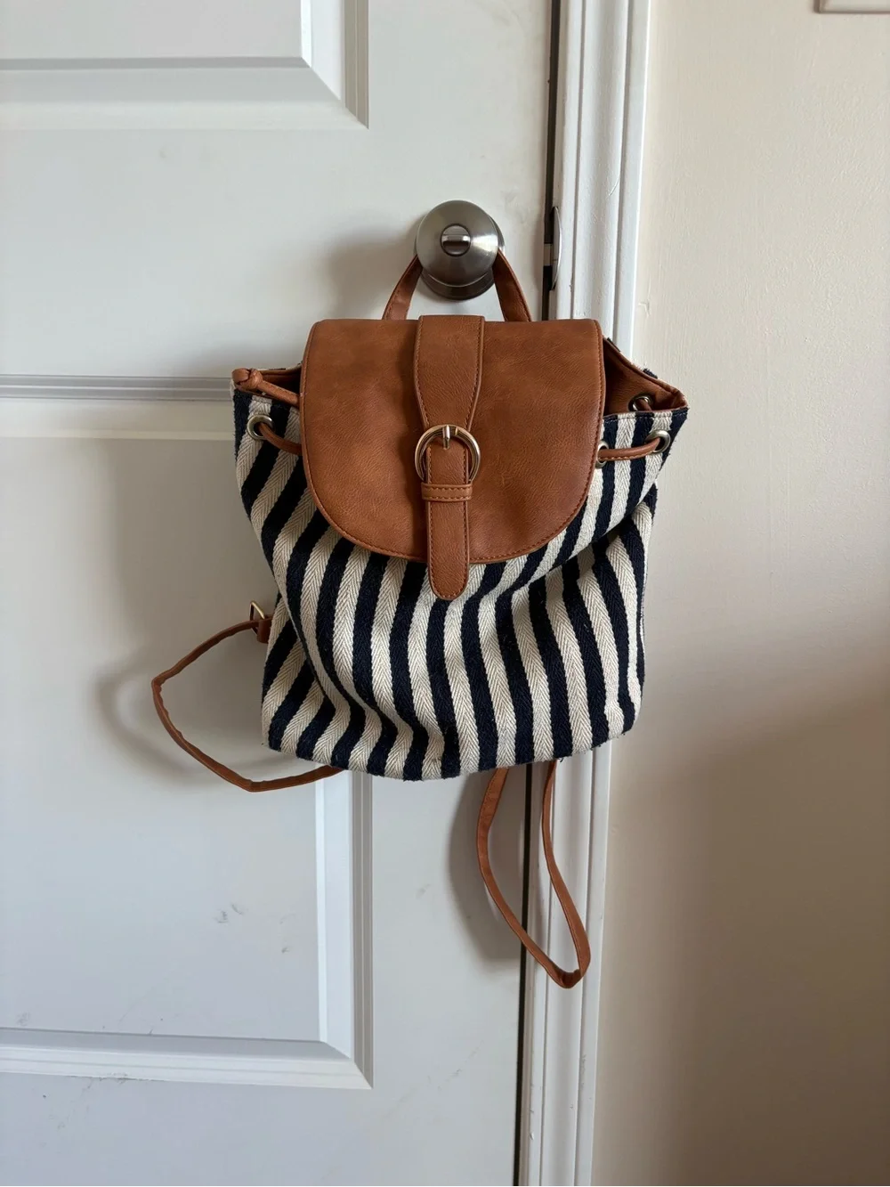 Striped Canvas and Tan Leather Backpack